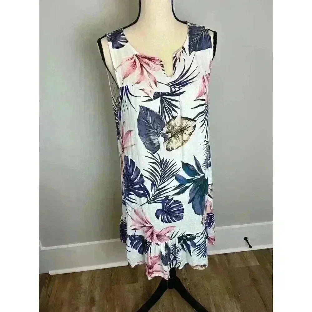 Lungo L'Arno 100% Linen Midi Dress Ruffles Floral Beach Flowy Dress Sleeveless S
